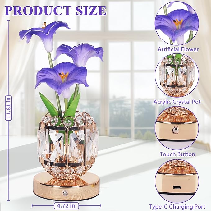 Flower Table Lamp, 3-Color Dimmable Artificial Flowers Night Light, Rechargeable Cordless Small Desk Lamp, Morning Glory with Crystal Vase for Party Date Home Decoration (Purple - Morning Glory)