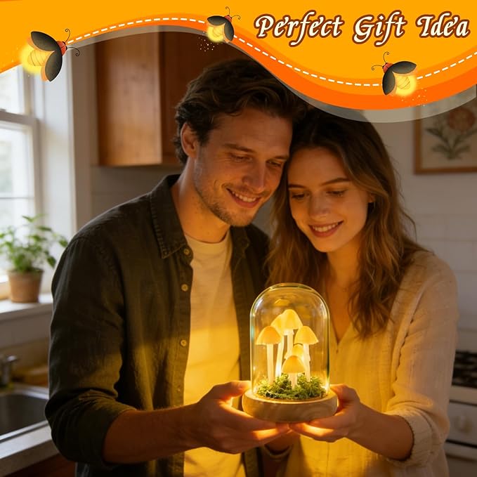 Decorative Mushroom Lamp with Glass Dome, Warm LED Night Light for Bedroom & Living Room, Unique Mushroom Gifts for Women, Christmas & Birthday Decor
