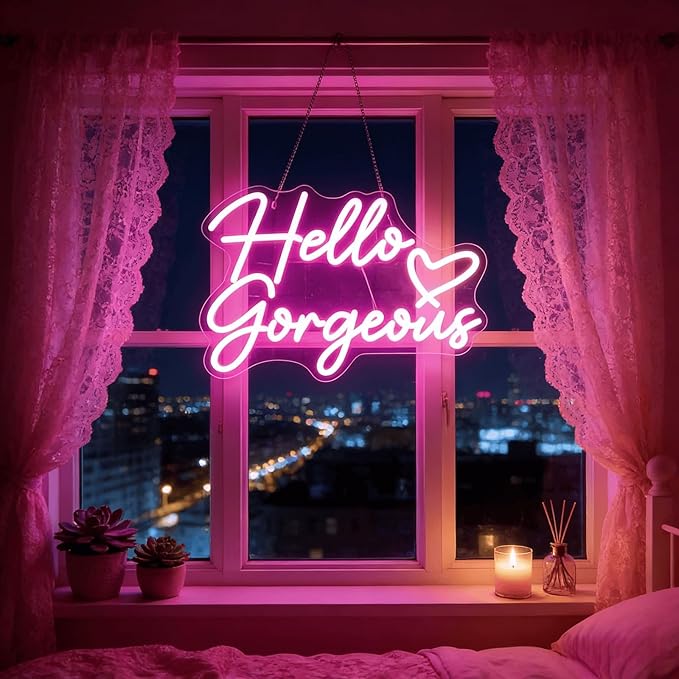 Hello Gorgeous Neon Light for Wall Decor, Pink USB Powered LED Sign with Dimmable Switch, Neon Sign for Home, Wedding, Birthday Backdrop, Party (Pink)