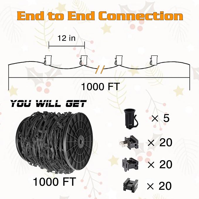 1000FT C7 Light String Christmas Stringer, E12 Christmas Sockets 12" Spacing, C7 Stringer Set Green Outdoor String Light for Wedding Patio Event Lighting Decor, Black Wire