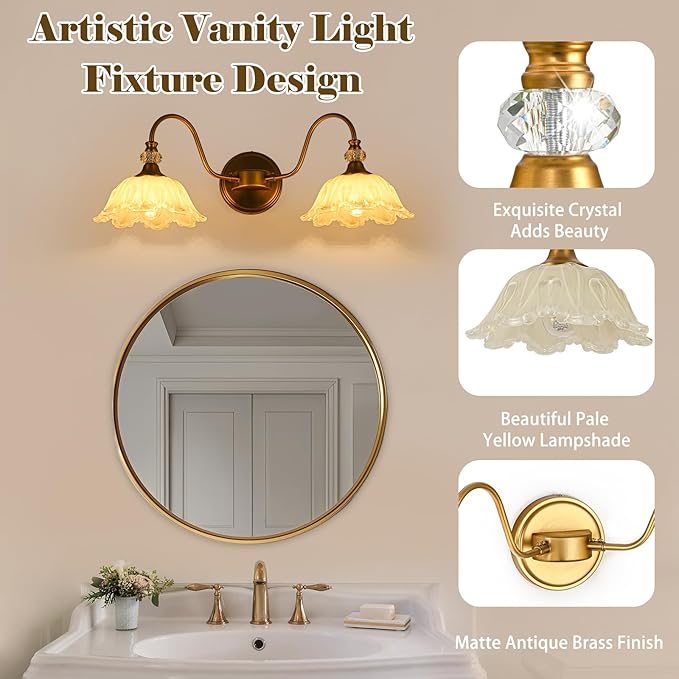 Vintage Bathroom Vanity Light, 2-Light Matte Brass Finish Vanity Light with Floral Yellow Glass Shades, Retro Wall Sconce for Bathroom, Dressing Table