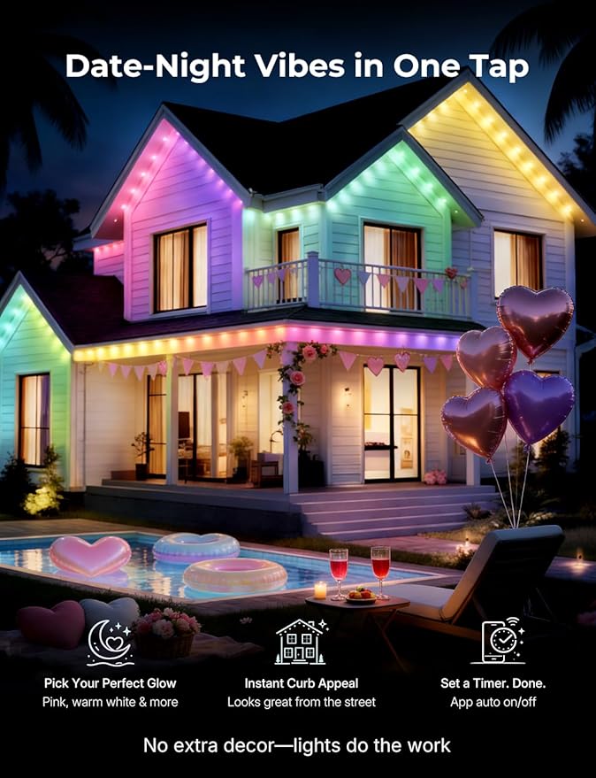 Permanent Outdoor Lights for House -Eaves Lights 150FT with 75 IC+RGBCW LED IP67 Waterproof, Smart Outside LED Christmas Light with App/Remote, Eternity Lighting for Holiday/Daily