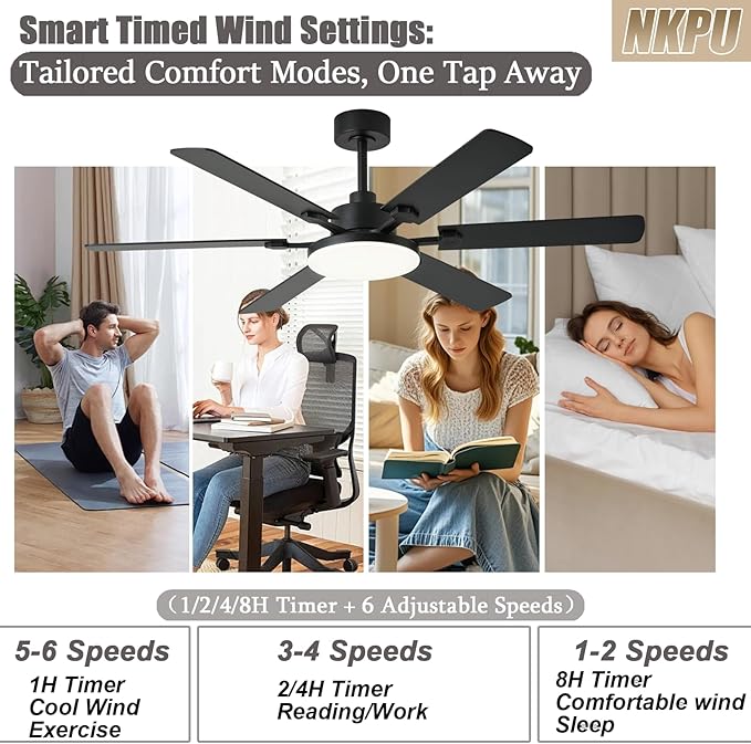 56 Inch Ceiling Fans with Lights, Modern Black Ceiling Fan with Light and Remote Control, 6 Double Sided Blades, 6 Speed Reversible Motor, Dimmable LED, Silent Timing, Indoor Outdoor Patio Use