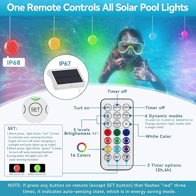 2-in-1 Solar Pool Lights, USB Rechargeable Pool Lights with Remote, 4.55 Inch IP68 Waterproof 22 Colors Solar Submersible LED Lights with Magnet for Inground Pools, Above Ground Pools 2 Pack