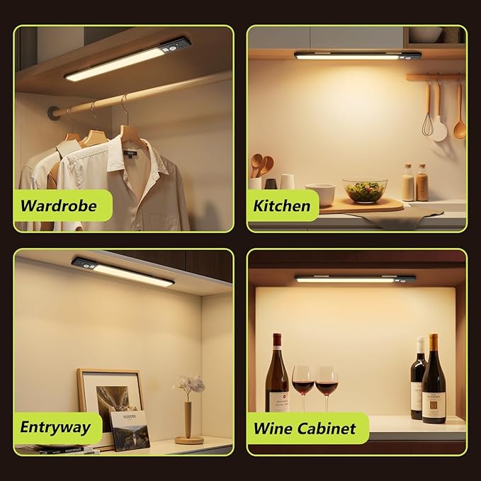 Under Cabinet Lights with Digital Display,52 LED Rechargeable Motion Sensor Light Indoor,3 Color Temperatures, Magnetic Dimmable Closet Lights, Under Counter Light for Kitchen, Stairs,2-Pack