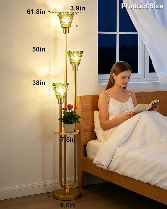 Glass Floor Lamp with Table, 62'' Gold Standing Tall Lamps with Green Glass Shade, 3000K Warmwhite Mid Century Modern Floor Lamp for Living Room/Bedroom/Sofa Beside/Home Corner