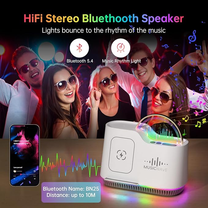 Night Light Bluetooth Speaker, Touch Control Bedside Lamp with Dimmable Dynamic Colored Lights, 15W Wireless Charging Station, Phone Holder, Gifts for Girls Boys Women Gifts Room Decor
