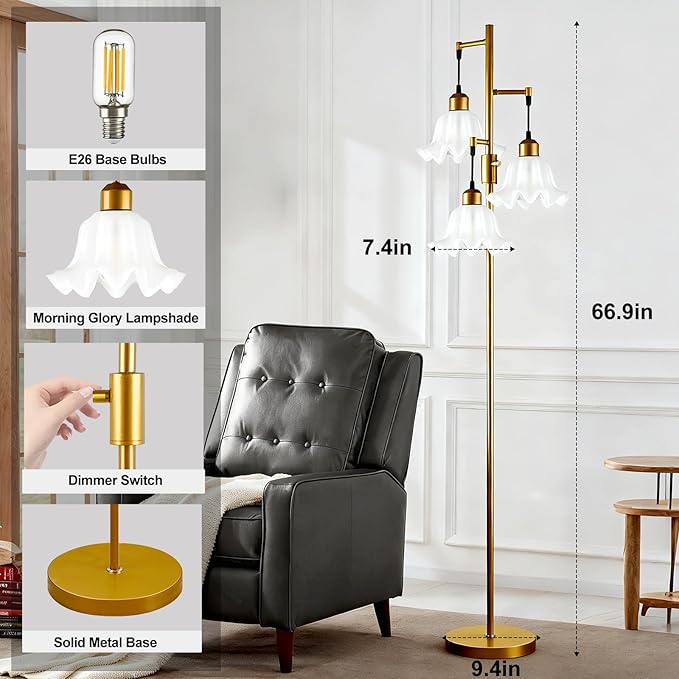 Lightdot 70IN 3-Light Flower Floor Lamp for Living Room, Dimmable Gold Tree Floor Lamps with Acrylic Shade for Wedding/Party, Floral Tall Lamp for Bedroom/Sofa Beside/Corner Decor(Bulb Included)
