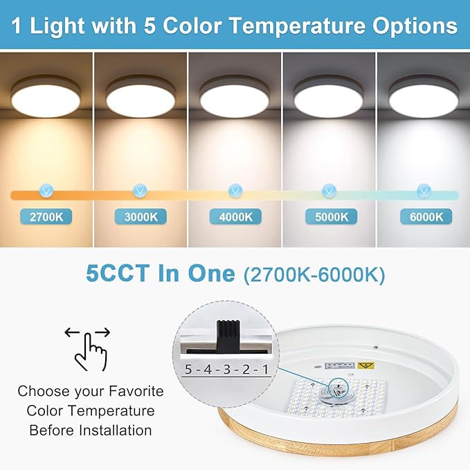 Dimmable Wood LED Ceiling Light, 5CCT 2700K-6000K, 15.74in Modern White Minimalist Flush Mount Lamp for Bedroom, Living Room, Kitchen