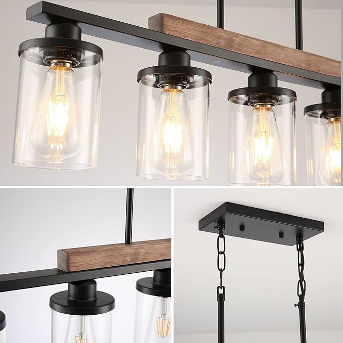 Dining Room Light Fixture,5-Light Kitchen Island Lighting Farmhouse Chandelier,Matte Black Metal Wood Industrial Pendant Lighting,Modern Dining Table Lights