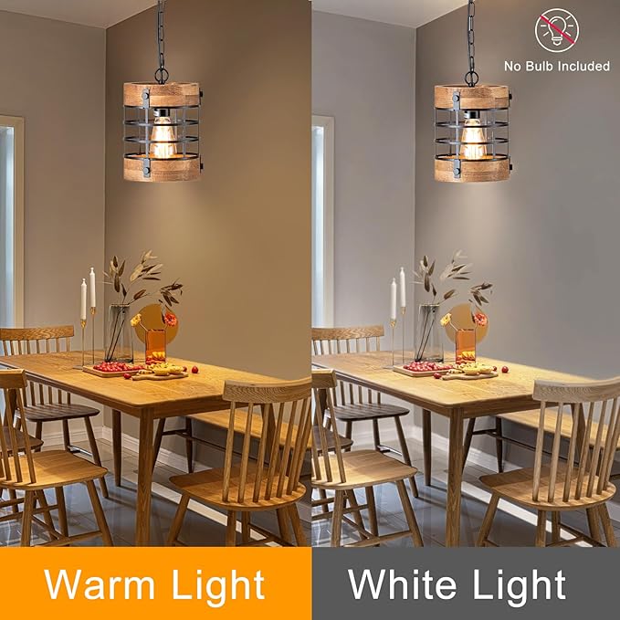 Wood Pendant Light Fixtures, Rustic Farmhouse Chandelier, Dining Room Light Fixture for Kitchen Island Foyer Hallway Bar, Height Adjustable