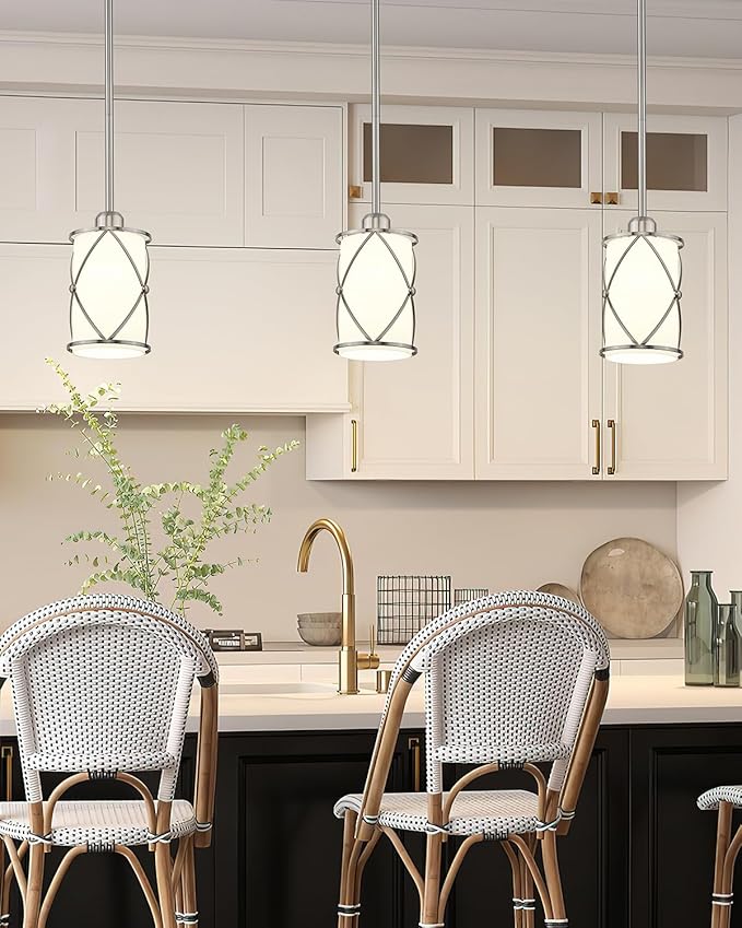 Brushed Nickel Pendant Lights Kitchen Island 3 Pack, Milk Glass Kitchen Pendant Lighting Over Island with Rods, Modern Mini Hanging Light for Sink Dining Room, CH9176BNW-3PK