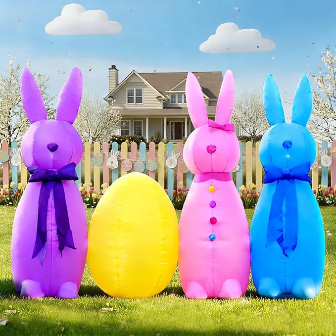 DomKom 6FT Long Easter Inflatable Bunny Outdoor Decorations, Build-in LED Lights Holiday Blow Up Yard Decoration, for Easter Holiday Party, Outdoor,Garden, Yard Lawn Décor