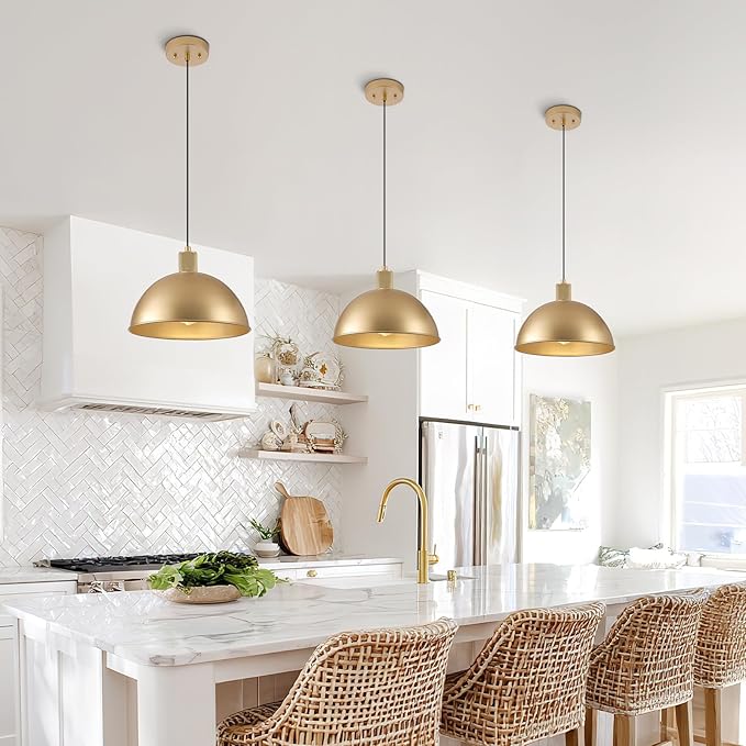 12 Inch Gold Dome Pendant Lights 3 Pack for Kitchen Island, Height Adjustable Farmhouse Industrial Hanging Light Fixtures Over Table for Dining Room, Entryway