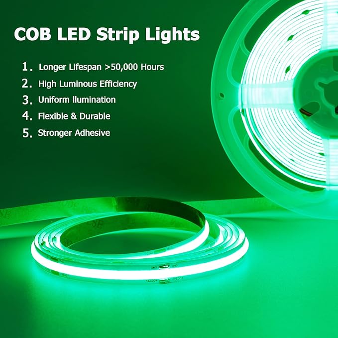 TOPAI 24V COB LED Strip Light Green Waterproof IP65 16.4ft/5M Dotless 480LED/M 2400LEDs Cuttable Flexible LED Tape Light for Cabinet Home DIY Lighting Projects