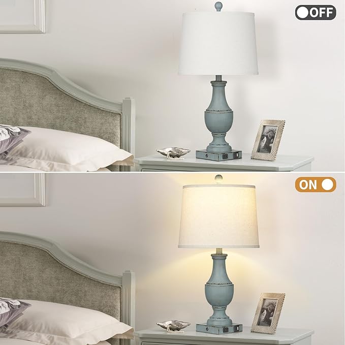 Farmhouse Table Lamps Set of 2, Rustic Touch Control Bedside Lamps with 2 USB Ports & AC Outlet, Vintage 3-Way Dimmable Nightstand Lamp Linen Fabric Shade for Living Room Bedroom End Table Decor
