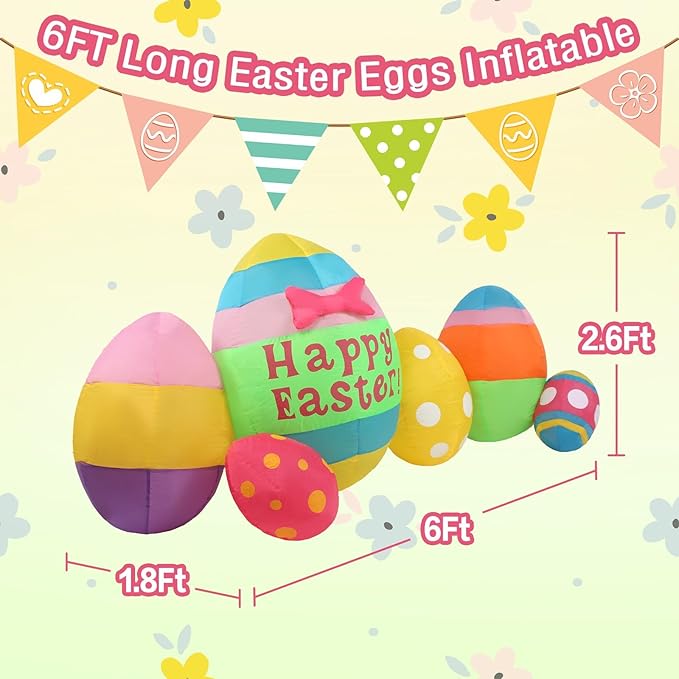 Gardentime 6 FT Long Easter Eggs Inflatable Decorations Outdoor Indoor Blow Up Colorful Easter Eggs Holiday Party Decor for Yard, Lawn, Garden, Patio