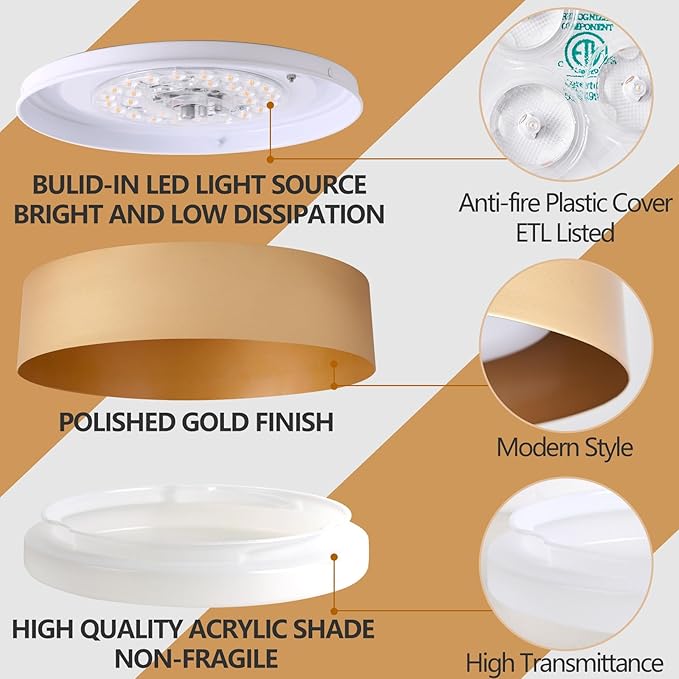 Bargeni Flush Mount Ceiling Light, 12.5 inch LED Ceiling Light Fixture, Polished Gold Finish, Dimmable/3000K/18W, Outdoor Flush Mount Lighting Fixture