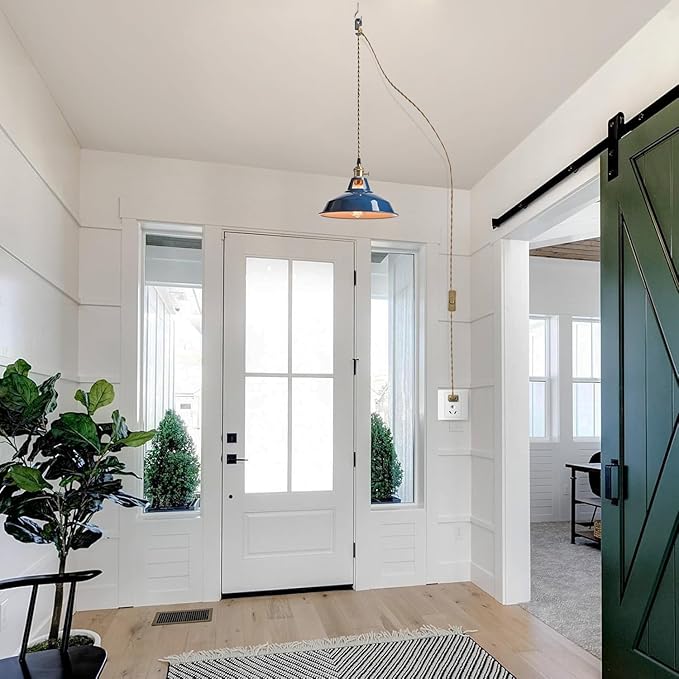 YUBOLE Farmhouse Plug-in Pendant Light-Dark Blue Barn Hanging Light Adjutable Hanging Cord with On-Off Switch Swag Lamp Renter Fridenly for Kitchen Bar Cafe Bedroom Loft