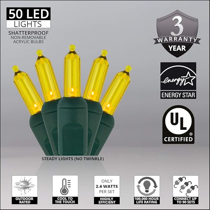 T5 LED Gold Christmas Lights, 50 Count 25.5 ft Indoor/Outdoor Commercial Grade Mini String on Green Wire, Holiday and Tree Lighting