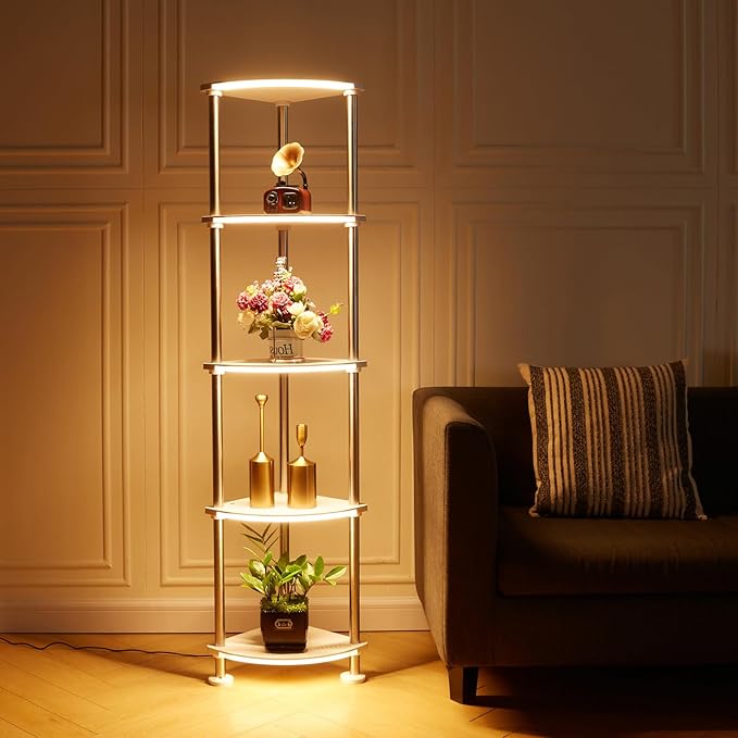 Floor Lamp with Shelves Height Adjustable Music Sync LED Corner Floor Lamp with Charging Stationl Dimmable and Timing RGB Standing Lamp for Christmas Gifts White 5-Tier
