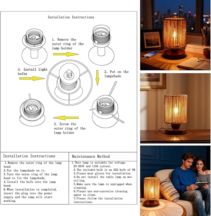 Handmade Rattan Lamp Boho Table Lamp for Bedroom, Small Woven Lamps for Night Stands with Warm White LED Bulb, Coastal Boho Lamp for Living Room Reading Nook Office Desk, 12cm Shade 20cm Height