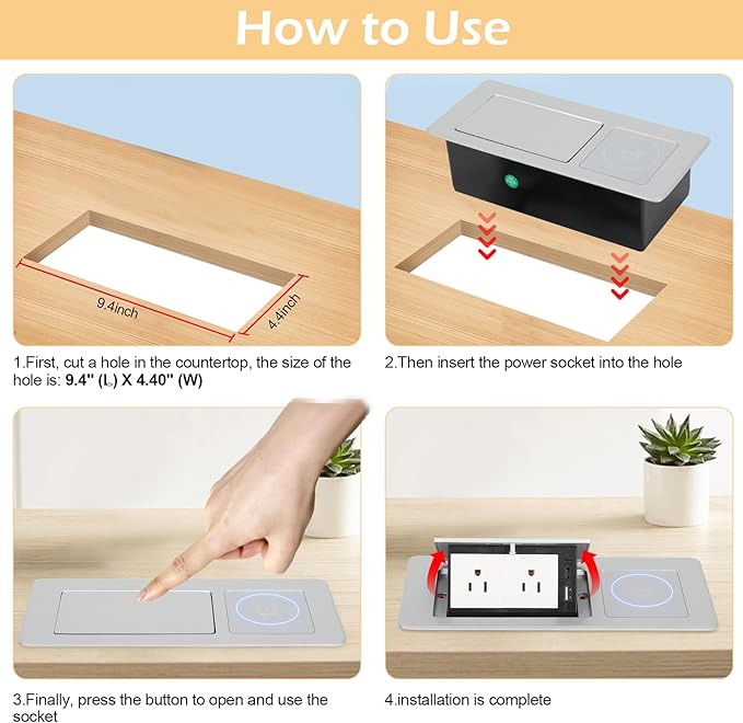 Table Pop Up Outlet Automatic Pop Up Strip Center Countertop Recessed Power Strip with 15W Wireless Charger + USB A + USB C + 2AC 5.9Ft Cord for Conference Desk Office Kitchen (Silver-Wireless)