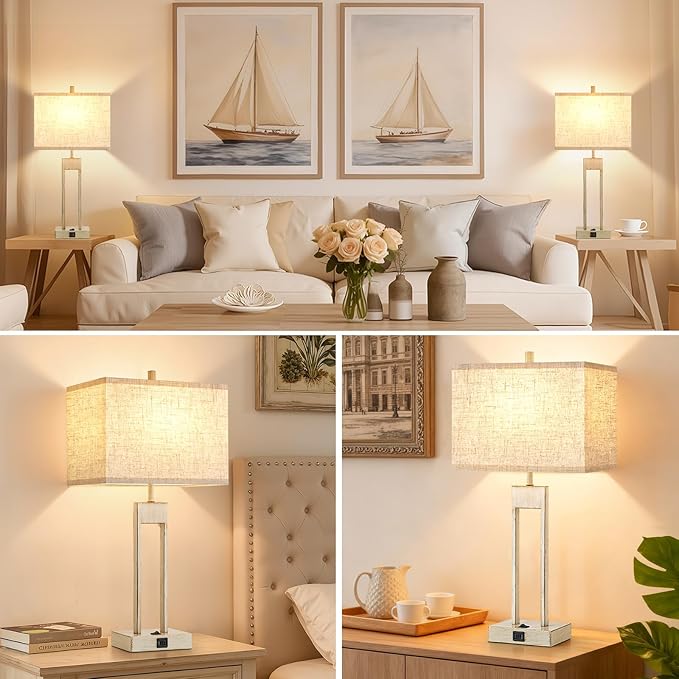 GyroVu 25.5" Nightstand Table Lamps for Bedrooms Set of 2, Bedside Lamp with USB C+A, 3 Colors Changeable Living Room Lamp, Modern Night Stand Lamps for Bed Side Guest Room Reading, Antique White