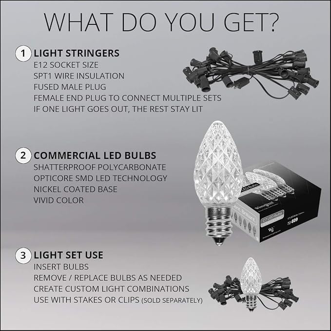 100 ft C7 OptiCore Green Commercial Christmas Lights, 100 Lights - for Outdoor Holiday St. Patrick's Day Party; Green Wire