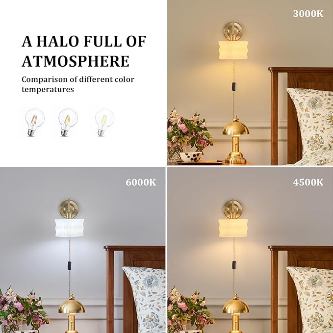 Plug in Wall Sconce Set of 2, Gold Vintage Wall Decor Lights with White Ripple Glass Shade, Indoor Brass Corded Wall Lamp Fixture for Bedroom Living Room Bathroom Hallway