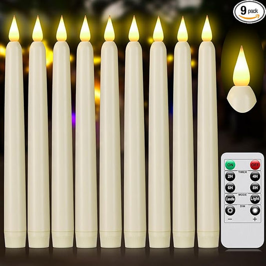 Flameless Taper Candles with Remote Control and Timer, Battery Operated LED Candlesticks with Flickering 3D Flame, 9.6 Inches Plastic Fake Candles for Christmas, Wedding and Home Decor (Ivory, 9)