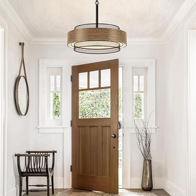 19.7 inch Farmhouse Chandeliers for Dining Room, 5-Light Rustic Large Round Black Chandelier Metal Wood Texture Interior Hanging Lighting for Entryway Kitchen Island Foyer Bedroom Living Room