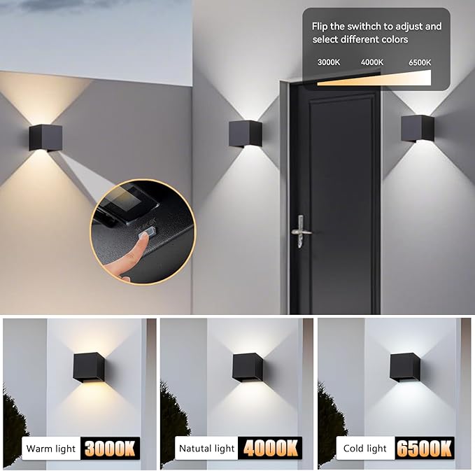 2 Pack LED Outdoor Wall Light Exterior/Interior,Modern Black Square Aluminum Up Down Light Outdoor Set,Variable Beam IP65 Waterproof Lights.15W 3-Color-Changeable Outside Exterior Lighting Fixtures.