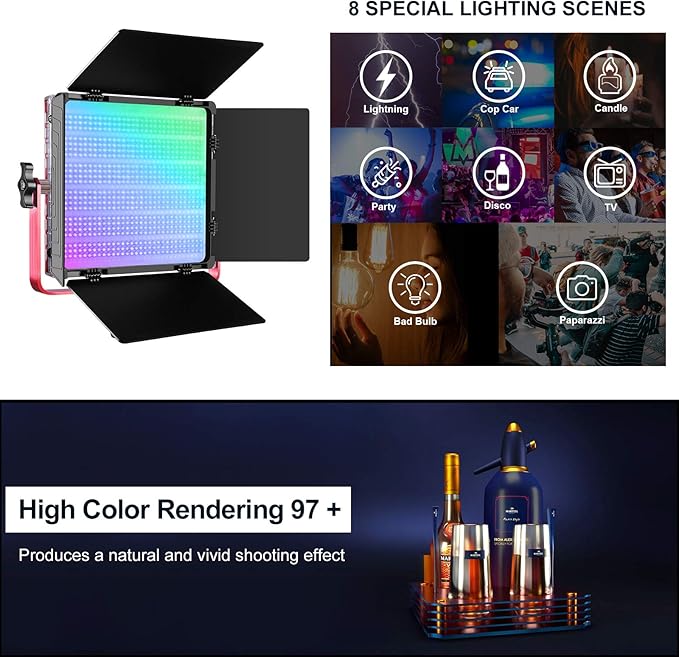 GVM RGB LED Video Light, 50W Video Lighting Kit with APP Control, 1200D Photography Lighting kit for YouTube Studio, 3 Packs Led Panel Light, 3200K-5600K, Aluminum Alloy Shell, CRI 97