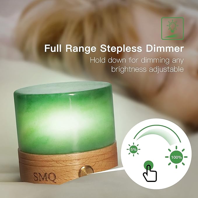 SMQ Green Aventurine Crystal Night Light with USB Charging Port,Handmade Polished Healing Crystal Stones Lamp Cylindrical Touch Night Light with Wooden Base for Living Room,Shelf,Office Decor
