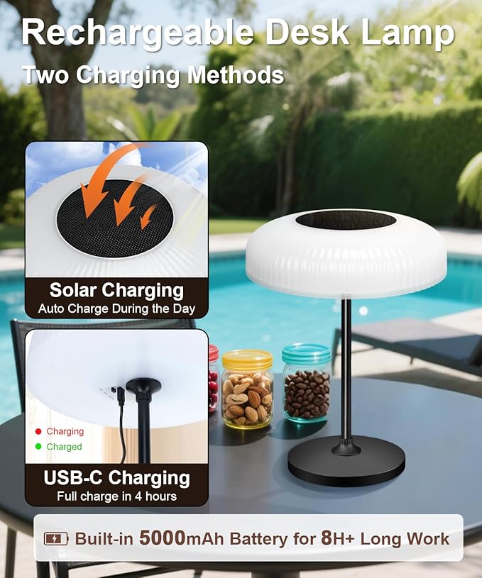 Outdoor Cordless Table Lamp - Waterproof Shower Lamp Battery Operated, 2 Color Dimmable Touch Lamps Rechargeable, Mushroom Design Solar Table Light for Patio Bathroom Camping, Christmas Gift for Women