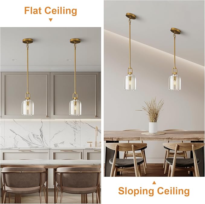 Brass Pendant Light Fixtures, Gold Pendant Light, Indoor Pendant Light for Kitchen Island Dining Room Living Room Bedroom Bathroom, E12 Bulb Included, 2PCS
