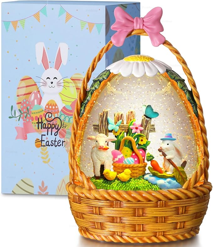 Easter Bunny Snow Globe Basket Egg Easter Decorations for Home Rabbit Sheep Chick Flower Butterfly Tabletop Glitter Snowfall USB/Battery Timer 9.5 inch