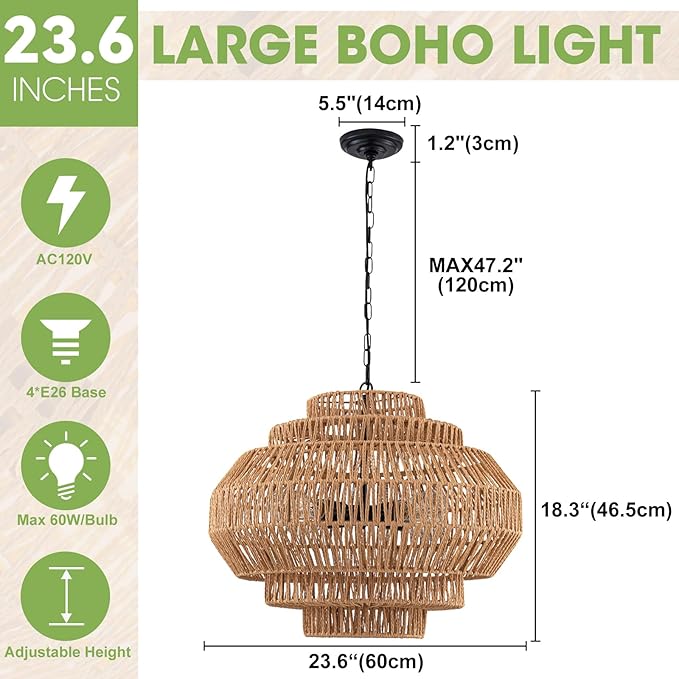 23.6‘’ Rattan Chandelier Dinning Room Pendant Light Fixture Boho Chandelier Boho Hanging Light Large Basket Light Woven Rattan Pendant Light for Kitchen Island Bedroom Farmhouse Living Room