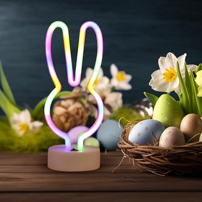 Bunny Shape LED Neon Signs, Colorful Rainbow Rabbit Neon Lights USB/Battery Powered Night Lights with Base, Cute Rabbit Head Neon Lamp for Easter Table Art Decoration (Colorful)