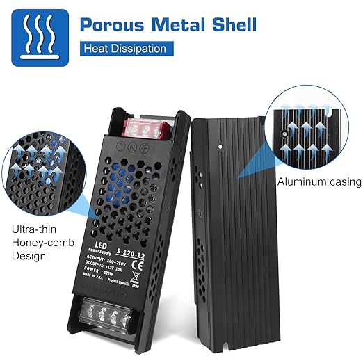 LED Driver 12V 120W 10A Slim LED Power Supply, AC 100-250V to 12V DC Adapter, Constant Voltage Transformer for LED Strip Lights, Bulbs, Garden and Cabinet Lights