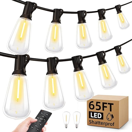 Outdoor String Led Patio Lights: 65Ft 20M Outside Waterproof Light with Remote Dimmable ST38 Shatterproof Bulb Connectable Hanging Outdoor Electric Lighting for Backyard Yard Gazebo Porch Party