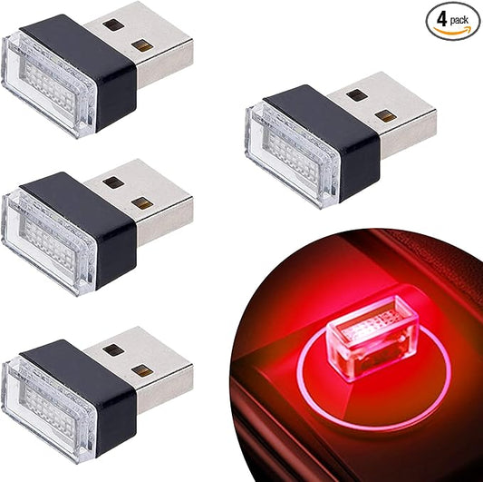 Febrytold 4Pcs Red USB Car Interior Atmosphere Lamps, Universal Mini Led USB Lights for Car Decoration, Lighting