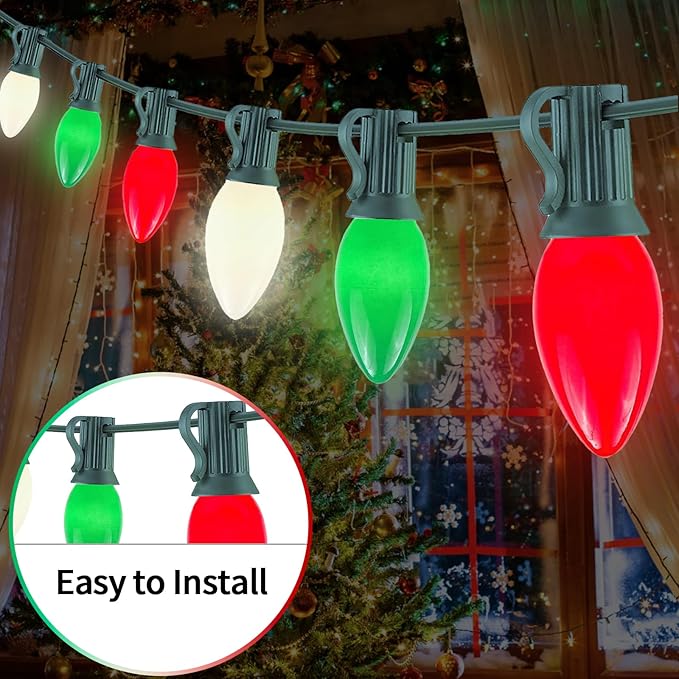 25FT C7 Christmas Lights Outdoor, Red Green White 3-Color LED String Lights for Roof, Fence, Tree, Wedding, Party, Patio, Bright Holiday Decor