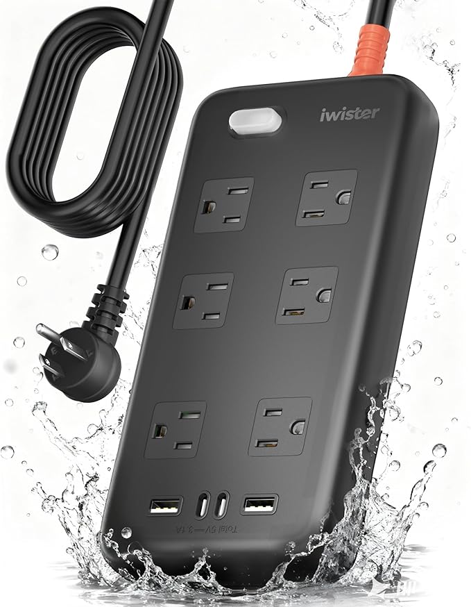 Outdoor Power Strip Weatherproof IPX6,1625W/13A 10 Ft Extension Cord,4 USB Ports & 6 Wide Outlets for Multiple Devices,Wall Mountable for Yard,Workshop,Poolside,RV Camping,Black