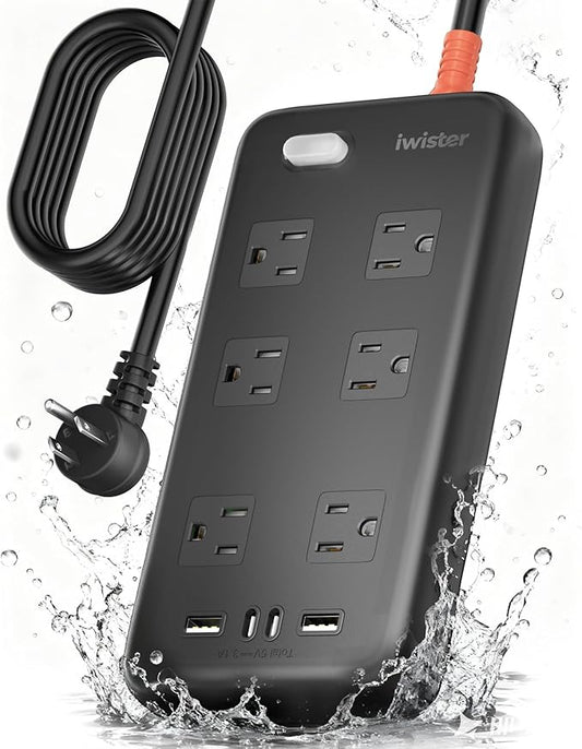 Outdoor Power Strip Weatherproof IPX6,1625W/13A 10 Ft Extension Cord,4 USB Ports & 6 Wide Outlets for Multiple Devices,Wall Mountable for Yard,Workshop,Poolside,RV Camping,Black