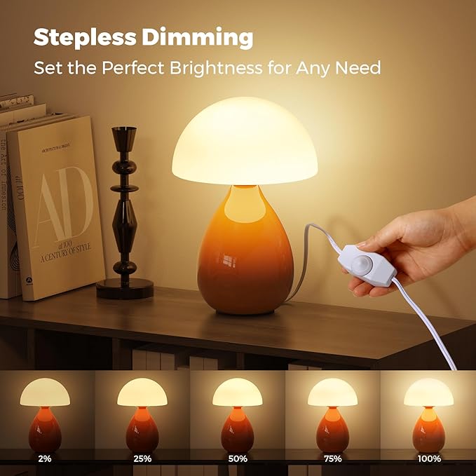 Mushroom Lamp, Vintage Small Table Lamp for Bedroom, Ice Crack Ceramic LED Night Light for Kids, Mid Century Modern Bedside Lamp for Nightstand, Living Room, Home Decor Gift Ideas for Women, Orange