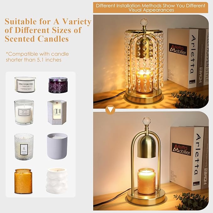 Gold Candle Warmer Lamp With Timer and Dimmer - Electric Crystal Lamp for Bedroom Decor, Flameless Scented Light, House Warming Gift, Christmas Gifts for Women