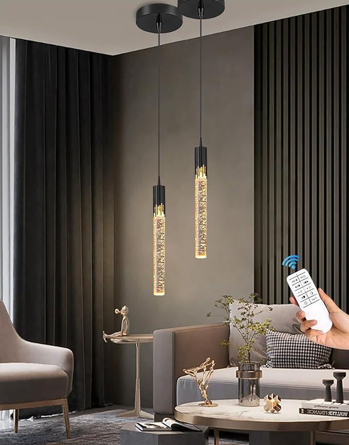 Flashing God Black Pendant Lights Modern LED Kitchen Island Light Crystal Mini Pendant Light with Dimmable LED Bubble Crystal Chandelier for Dining Room, Bedroom, Bar