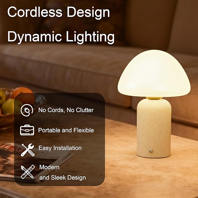9.8 inch Mushroom Lamp, Cute Cordless Rechargeable Table Lamp with Glass Shade, 3 Color Temps LED Dimmable Ambient Lighting, Small Retro Touch Bedside Light for Decor, Resin Base.